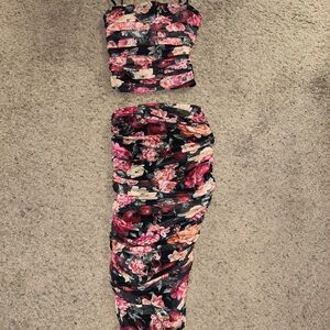 Floral Black and Pink Skirt Set
